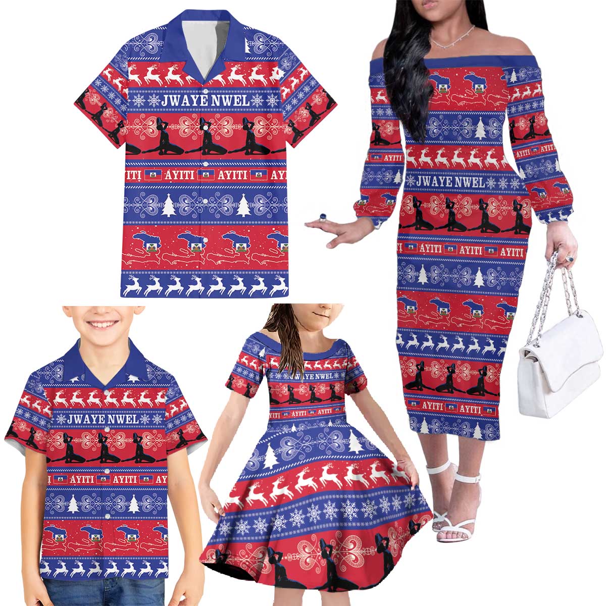 Haiti Christmas Family Matching Off The Shoulder Long Sleeve Dress and Hawaiian Shirt Jwaye Nwel Ayiti Neg Marron Veve Vodou - Wonder Print Shop