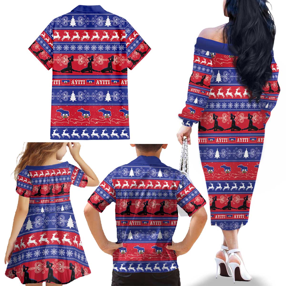 Haiti Christmas Family Matching Off The Shoulder Long Sleeve Dress and Hawaiian Shirt Jwaye Nwel Ayiti Neg Marron Veve Vodou - Wonder Print Shop