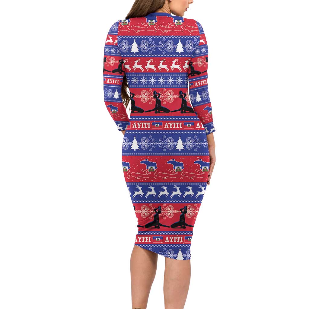 Haiti Christmas Long Sleeve Bodycon Dress Jwaye Nwel Ayiti Neg Marron Veve Vodou - Wonder Print Shop