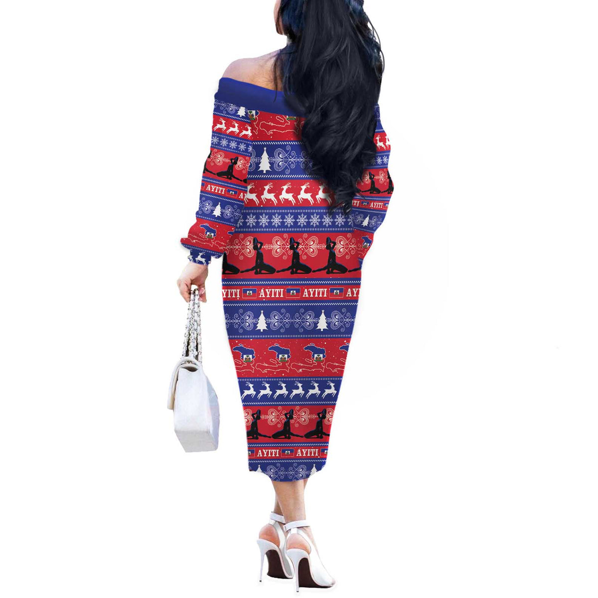 Haiti Christmas Off The Shoulder Long Sleeve Dress Jwaye Nwel Ayiti Neg Marron Veve Vodou - Wonder Print Shop