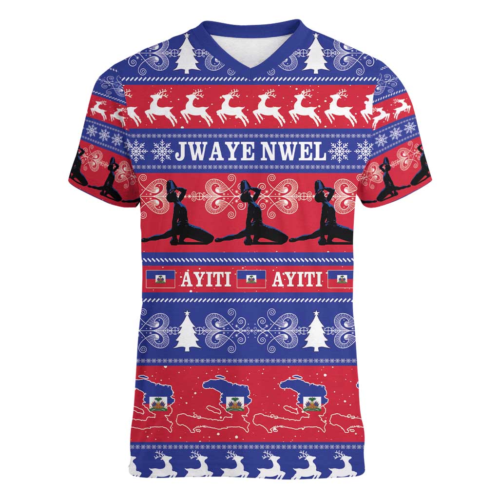 Haiti Christmas Women V-Neck T-Shirt Jwaye Nwel Ayiti Neg Marron Veve Vodou - Wonder Print Shop