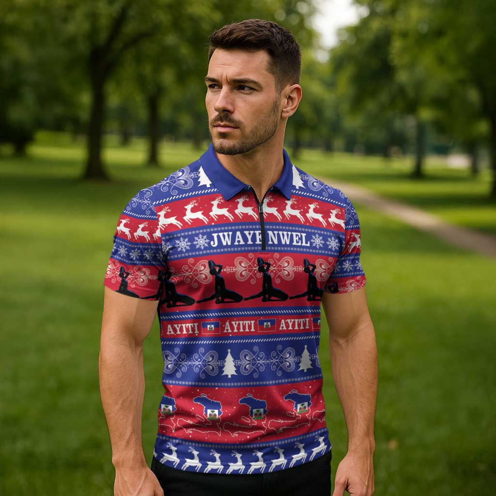Haiti Christmas Zipper Polo Shirt Jwaye Nwel Ayiti Neg Marron Veve Vodou - Wonder Print Shop