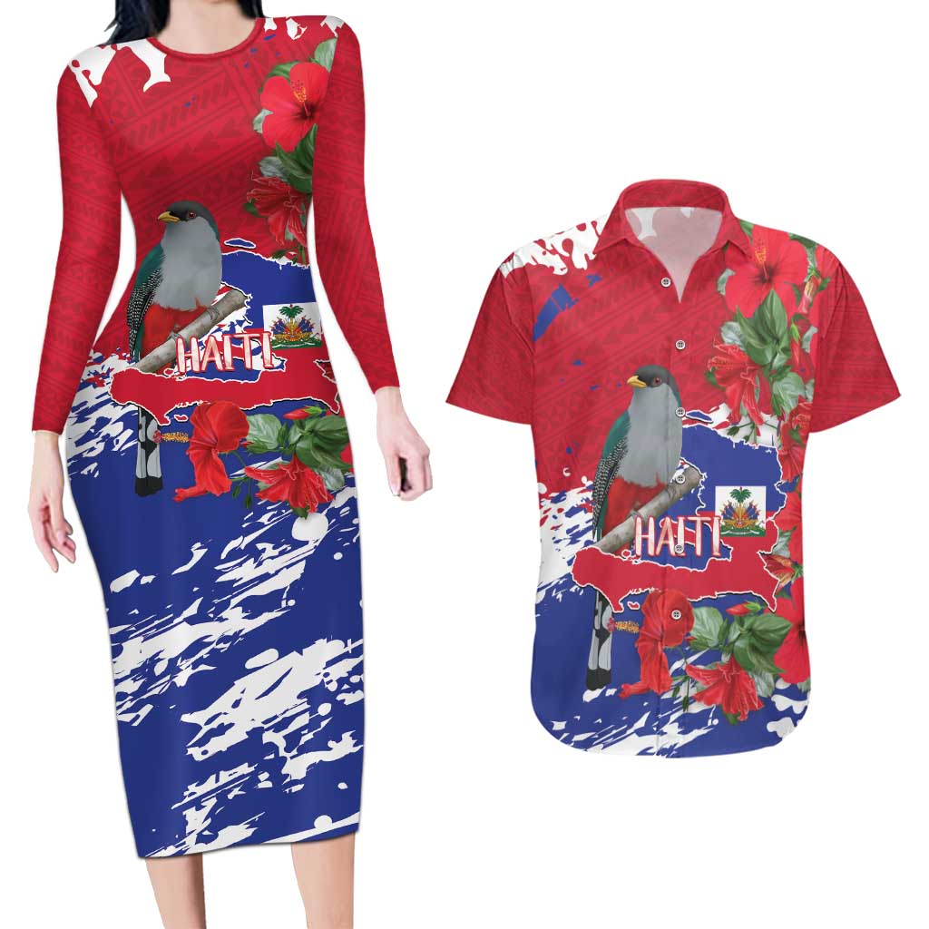 Haiti Independence Day Couples Matching Long Sleeve Bodycon Dress and Hawaiian Shirt 1804 Proud Ayiti Map Hispaniolan Trogon - Wonder Print Shop