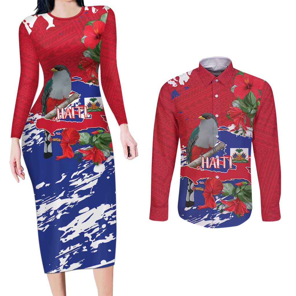 Haiti Independence Day Couples Matching Long Sleeve Bodycon Dress and Long Sleeve Button Shirt 1804 Proud Ayiti Map Hispaniolan Trogon - Wonder Print Shop