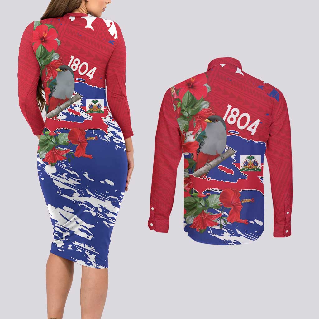 Haiti Independence Day Couples Matching Long Sleeve Bodycon Dress and Long Sleeve Button Shirt 1804 Proud Ayiti Map Hispaniolan Trogon - Wonder Print Shop