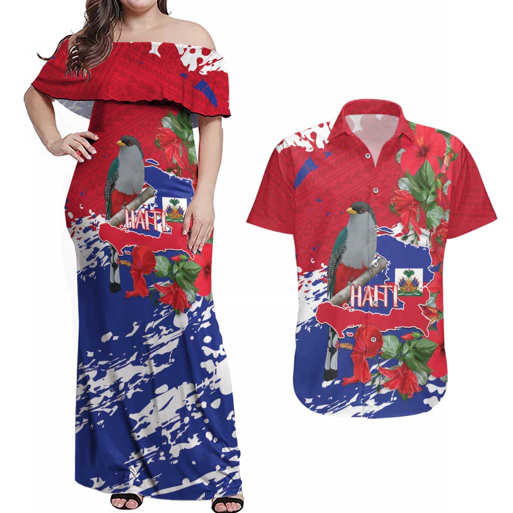 Haiti Independence Day Couples Matching Off Shoulder Maxi Dress and Hawaiian Shirt 1804 Proud Ayiti Map Hispaniolan Trogon - Wonder Print Shop
