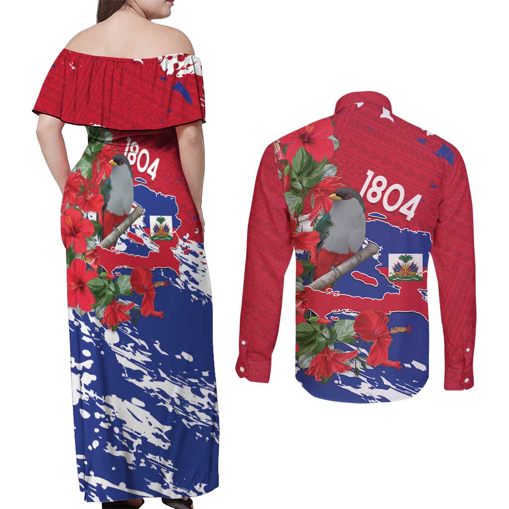 Haiti Independence Day Couples Matching Off Shoulder Maxi Dress and Long Sleeve Button Shirt 1804 Proud Ayiti Map Hispaniolan Trogon - Wonder Print Shop