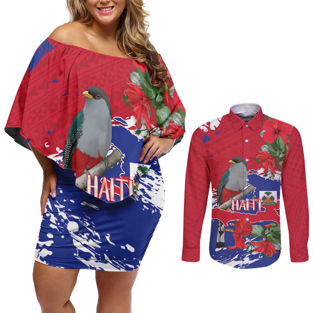 Haiti Independence Day Couples Matching Off Shoulder Short Dress and Long Sleeve Button Shirt 1804 Proud Ayiti Map Hispaniolan Trogon - Wonder Print Shop