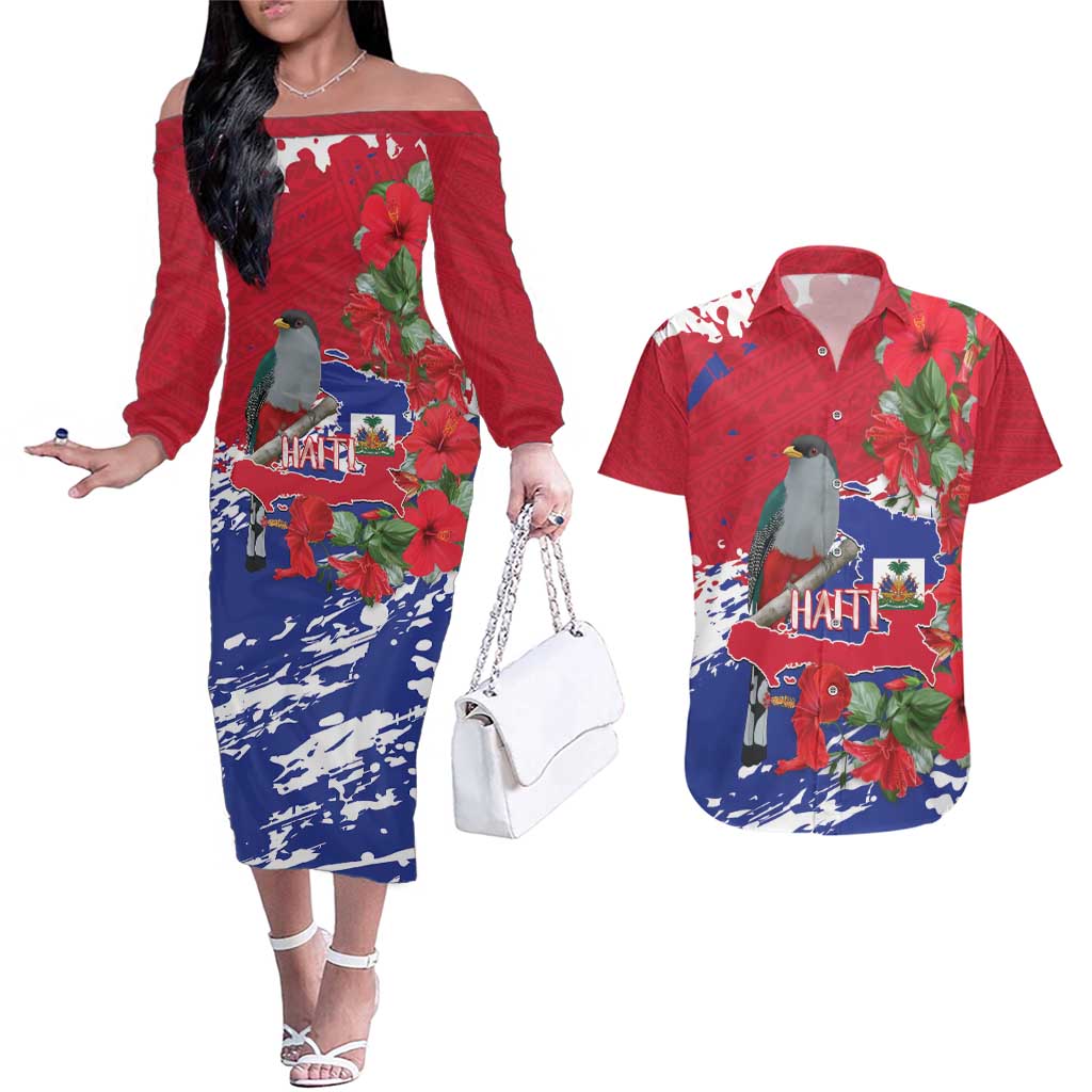 Haiti Independence Day Couples Matching Off The Shoulder Long Sleeve Dress and Hawaiian Shirt 1804 Proud Ayiti Map Hispaniolan Trogon - Wonder Print Shop