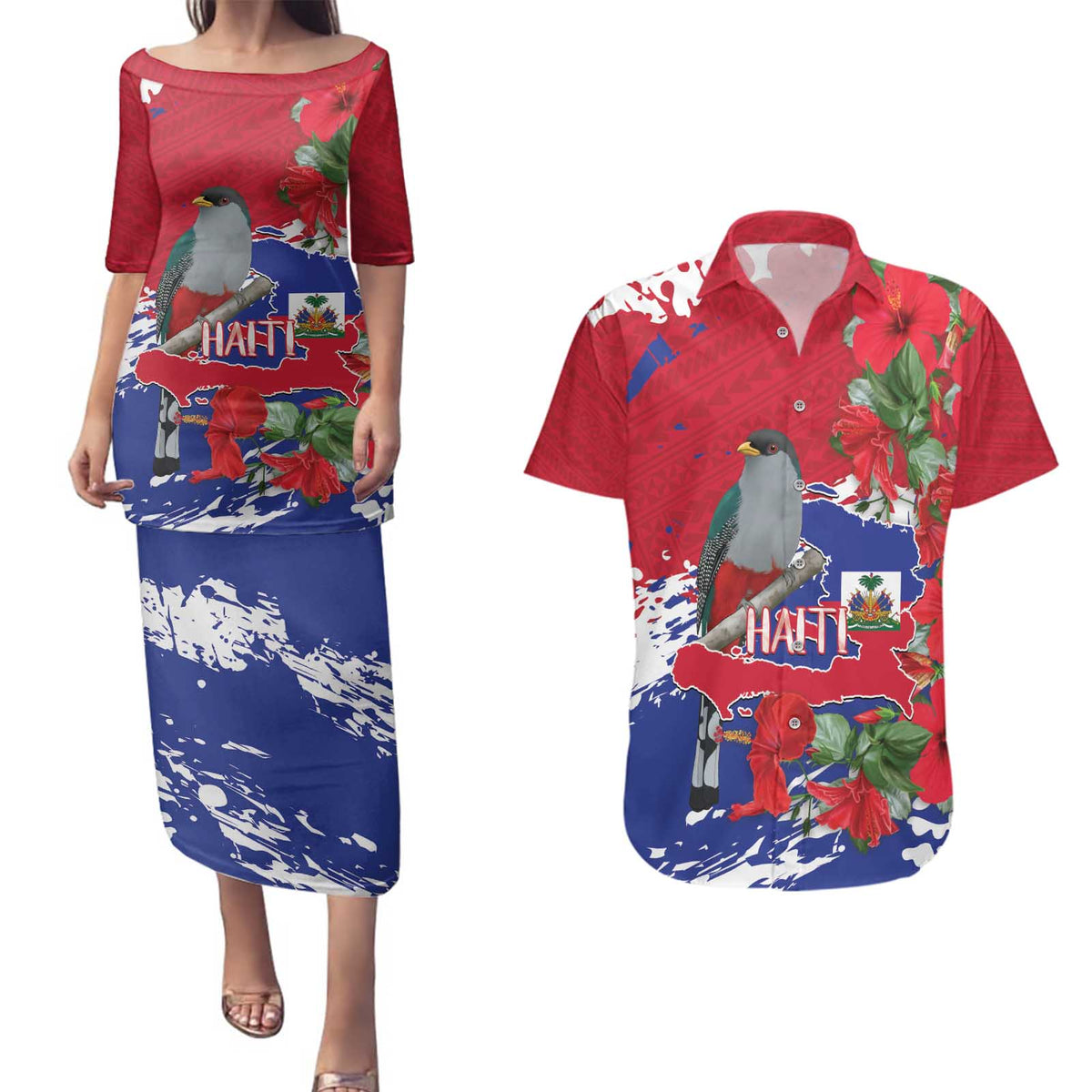Haiti Independence Day Couples Matching Puletasi and Hawaiian Shirt 1804 Proud Ayiti Map Hispaniolan Trogon - Wonder Print Shop