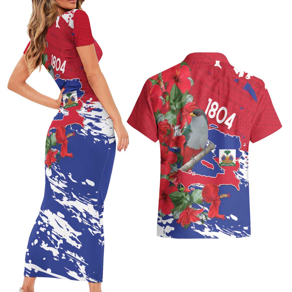 Haiti Independence Day Couples Matching Short Sleeve Bodycon Dress and Hawaiian Shirt 1804 Proud Ayiti Map Hispaniolan Trogon - Wonder Print Shop