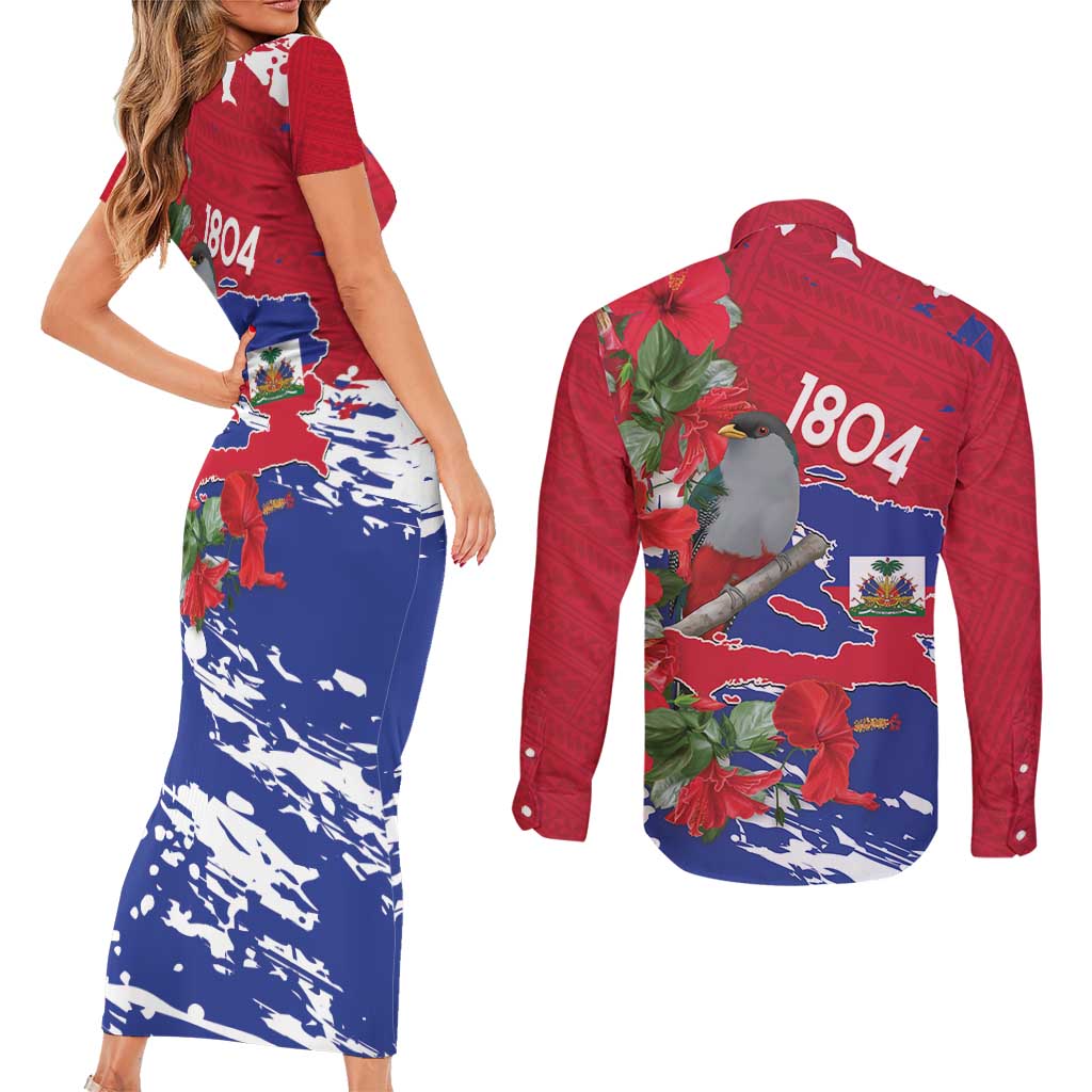 Haiti Independence Day Couples Matching Short Sleeve Bodycon Dress and Long Sleeve Button Shirt 1804 Proud Ayiti Map Hispaniolan Trogon - Wonder Print Shop
