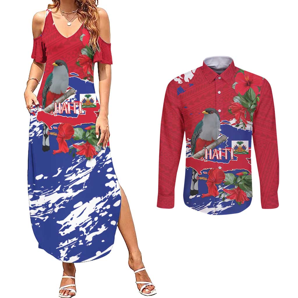 Haiti Independence Day Couples Matching Summer Maxi Dress and Long Sleeve Button Shirt 1804 Proud Ayiti Map Hispaniolan Trogon - Wonder Print Shop