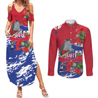 Haiti Independence Day Couples Matching Summer Maxi Dress and Long Sleeve Button Shirt 1804 Proud Ayiti Map Hispaniolan Trogon - Wonder Print Shop