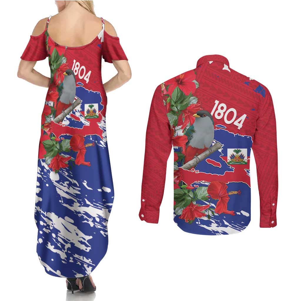 Haiti Independence Day Couples Matching Summer Maxi Dress and Long Sleeve Button Shirt 1804 Proud Ayiti Map Hispaniolan Trogon - Wonder Print Shop