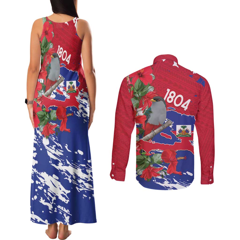 Haiti Independence Day Couples Matching Tank Maxi Dress and Long Sleeve Button Shirt 1804 Proud Ayiti Map Hispaniolan Trogon - Wonder Print Shop