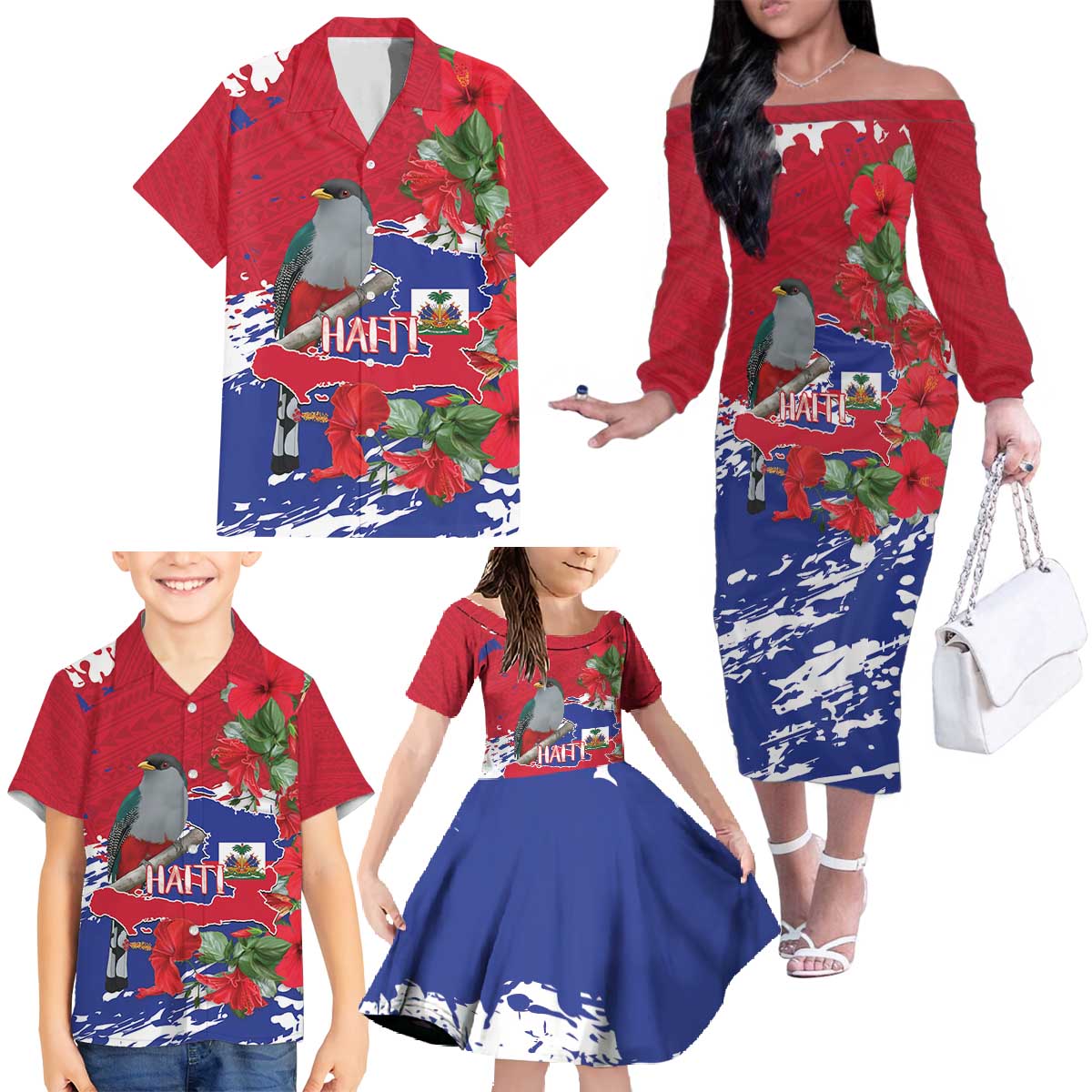 Haiti Independence Day Family Matching Off The Shoulder Long Sleeve Dress and Hawaiian Shirt 1804 Proud Ayiti Map Hispaniolan Trogon - Wonder Print Shop