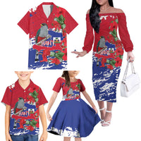 Haiti Independence Day Family Matching Off The Shoulder Long Sleeve Dress and Hawaiian Shirt 1804 Proud Ayiti Map Hispaniolan Trogon - Wonder Print Shop