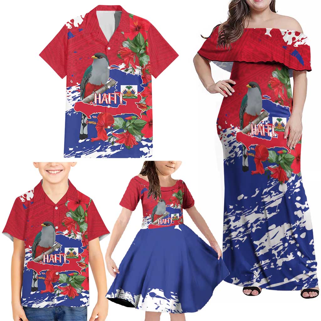 Haiti Independence Day Family Matching Off Shoulder Maxi Dress and Hawaiian Shirt 1804 Proud Ayiti Map Hispaniolan Trogon - Wonder Print Shop