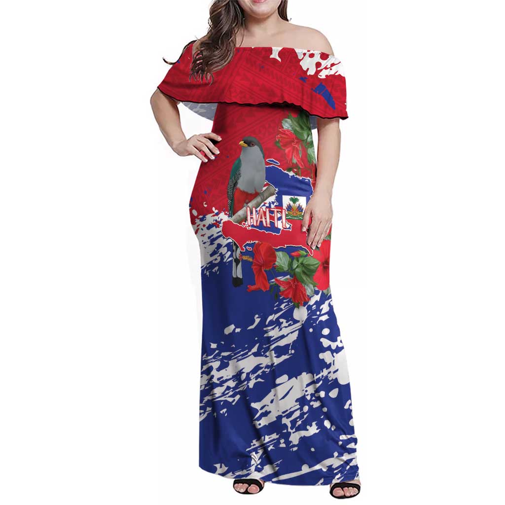 Haiti Independence Day Family Matching Off Shoulder Maxi Dress and Hawaiian Shirt 1804 Proud Ayiti Map Hispaniolan Trogon - Wonder Print Shop