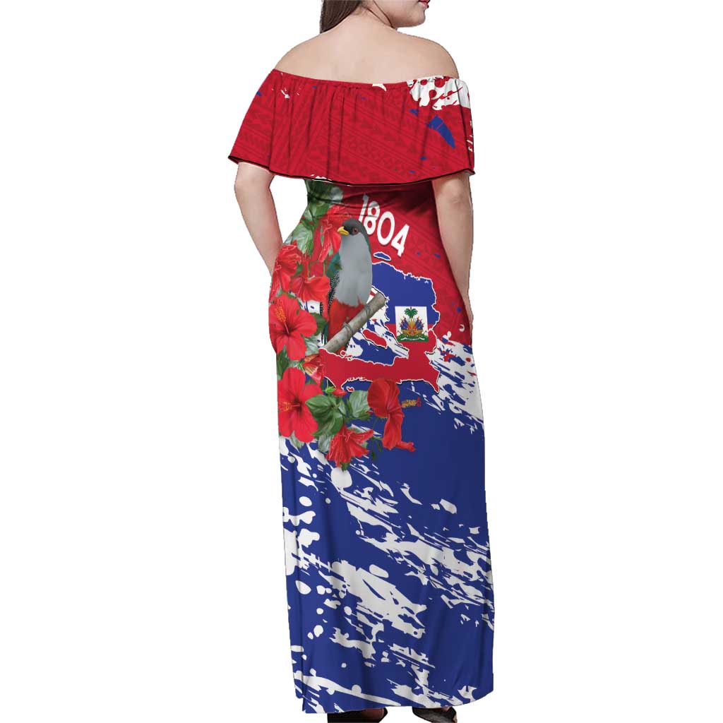 Haiti Independence Day Family Matching Off Shoulder Maxi Dress and Hawaiian Shirt 1804 Proud Ayiti Map Hispaniolan Trogon - Wonder Print Shop
