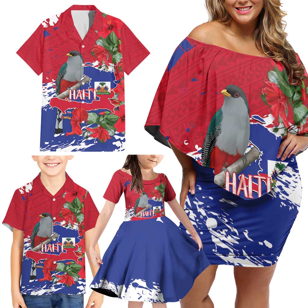 Haiti Independence Day Family Matching Off Shoulder Short Dress and Hawaiian Shirt 1804 Proud Ayiti Map Hispaniolan Trogon - Wonder Print Shop