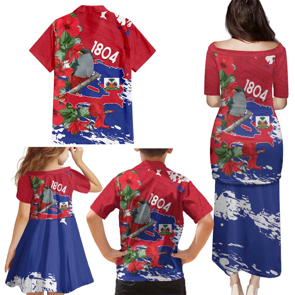 Haiti Independence Day Family Matching Puletasi and Hawaiian Shirt 1804 Proud Ayiti Map Hispaniolan Trogon - Wonder Print Shop