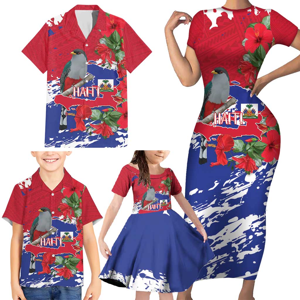 Haiti Independence Day Family Matching Short Sleeve Bodycon Dress and Hawaiian Shirt 1804 Proud Ayiti Map Hispaniolan Trogon - Wonder Print Shop