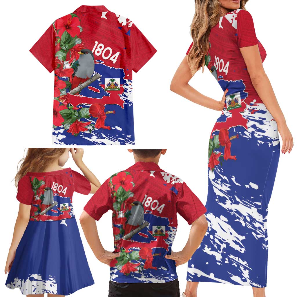Haiti Independence Day Family Matching Short Sleeve Bodycon Dress and Hawaiian Shirt 1804 Proud Ayiti Map Hispaniolan Trogon - Wonder Print Shop