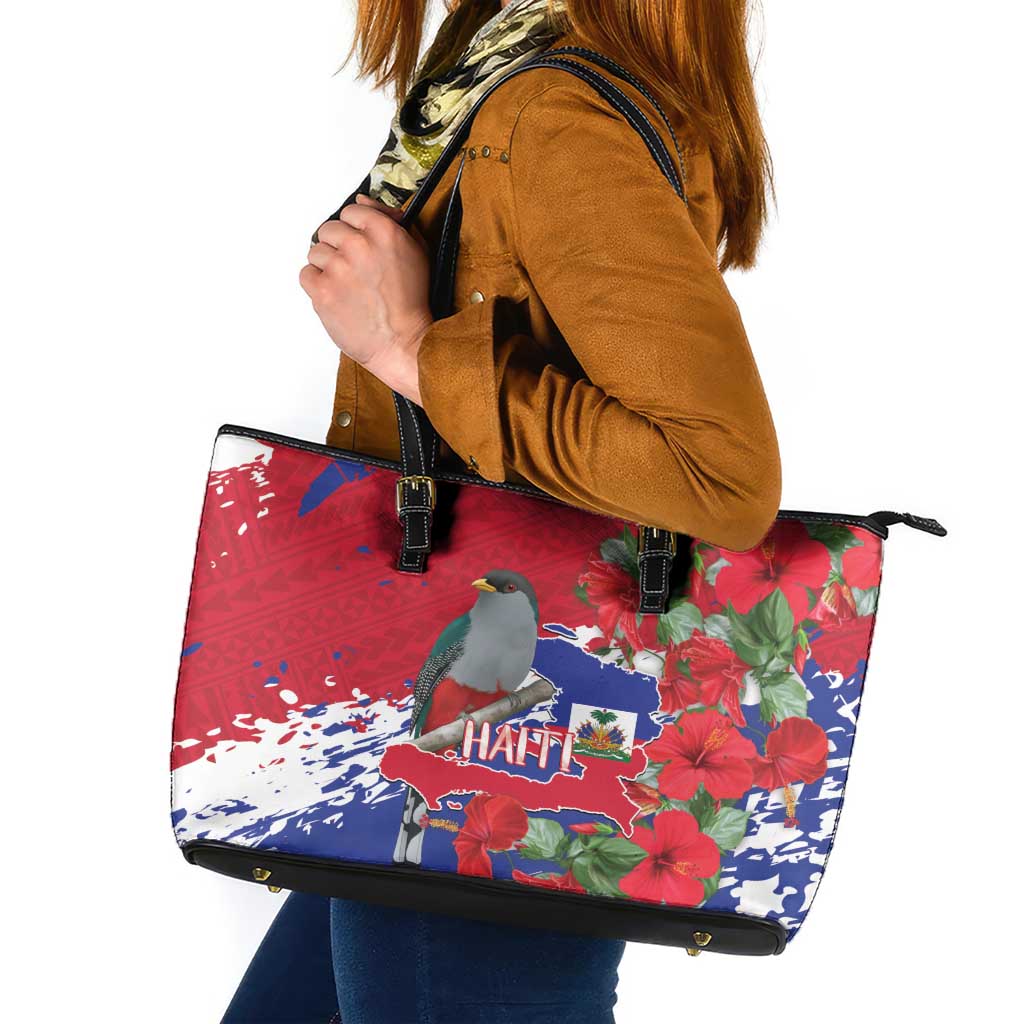 Haiti Independence Day Leather Tote Bag 1804 Proud Ayiti Map Hispaniolan Trogon - Wonder Print Shop