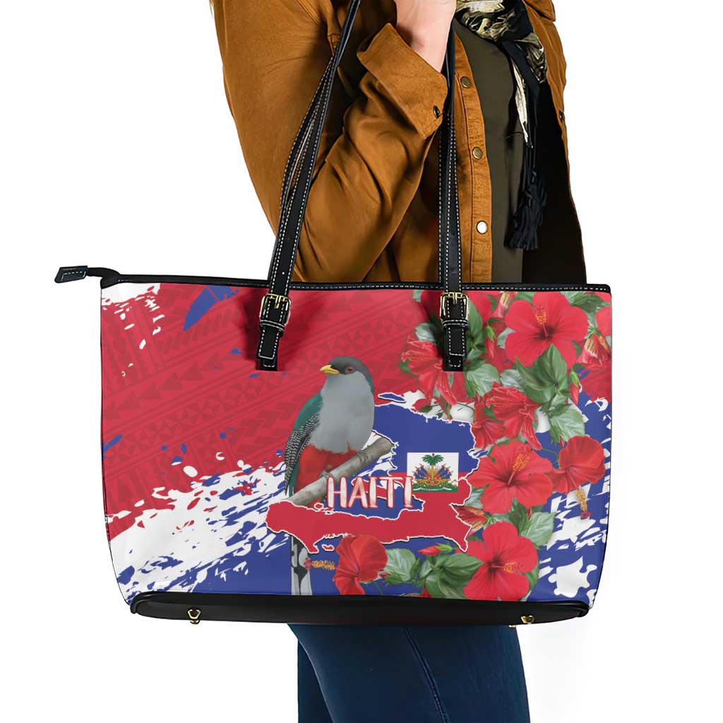 Haiti Independence Day Leather Tote Bag 1804 Proud Ayiti Map Hispaniolan Trogon - Wonder Print Shop