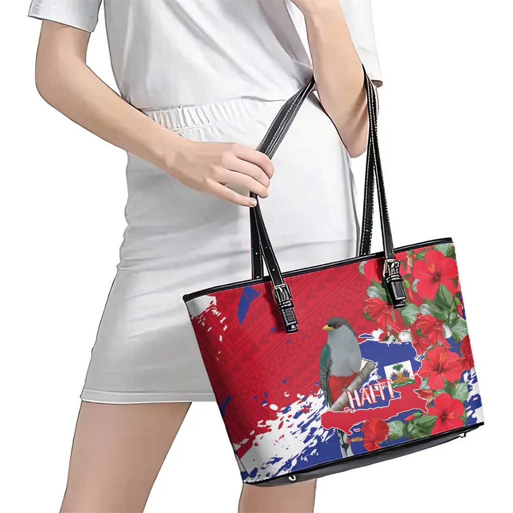 Haiti Independence Day Leather Tote Bag 1804 Proud Ayiti Map Hispaniolan Trogon - Wonder Print Shop
