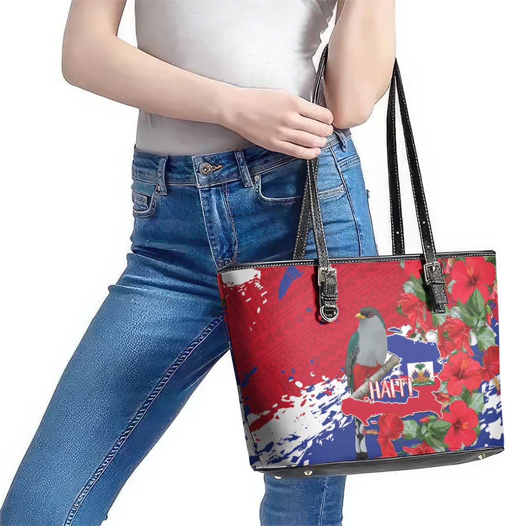 Haiti Independence Day Leather Tote Bag 1804 Proud Ayiti Map Hispaniolan Trogon - Wonder Print Shop