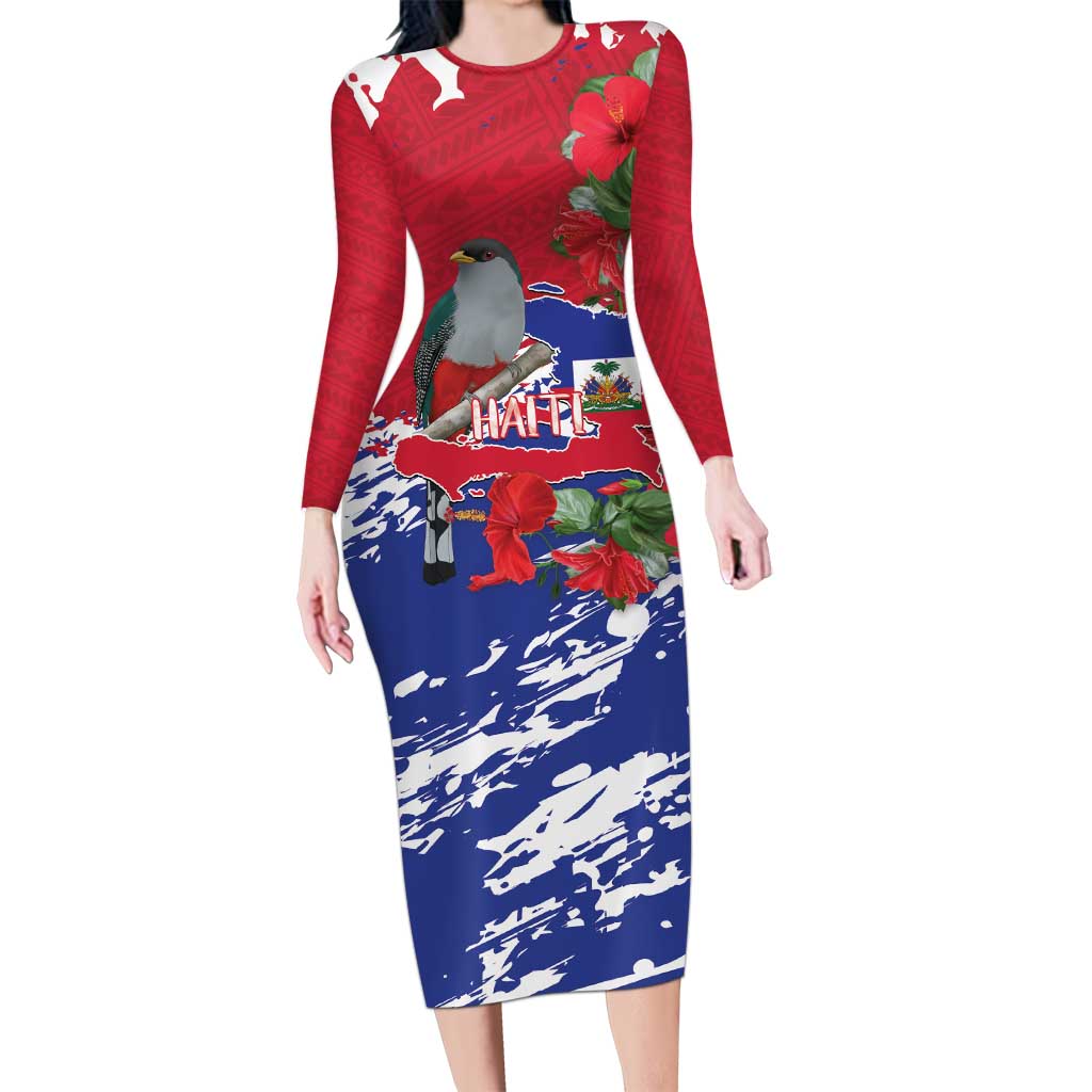 Haiti Independence Day Long Sleeve Bodycon Dress 1804 Proud Ayiti Map Hispaniolan Trogon - Wonder Print Shop