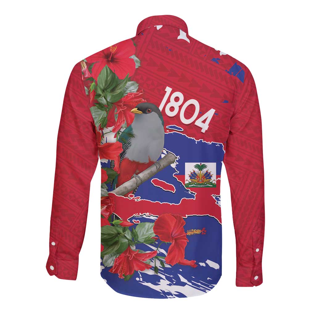 Haiti Independence Day Long Sleeve Button Shirt 1804 Proud Ayiti Map Hispaniolan Trogon - Wonder Print Shop