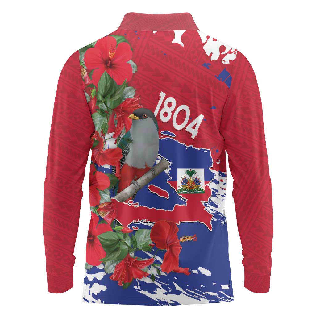 Haiti Independence Day Long Sleeve Polo Shirt 1804 Proud Ayiti Map Hispaniolan Trogon - Wonder Print Shop