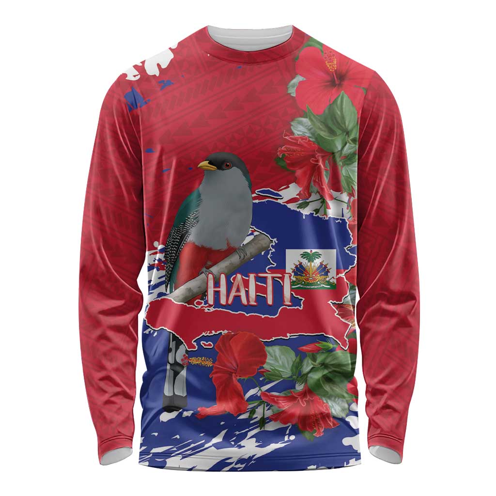 Haiti Independence Day Long Sleeve Shirt 1804 Proud Ayiti Map Hispaniolan Trogon - Wonder Print Shop