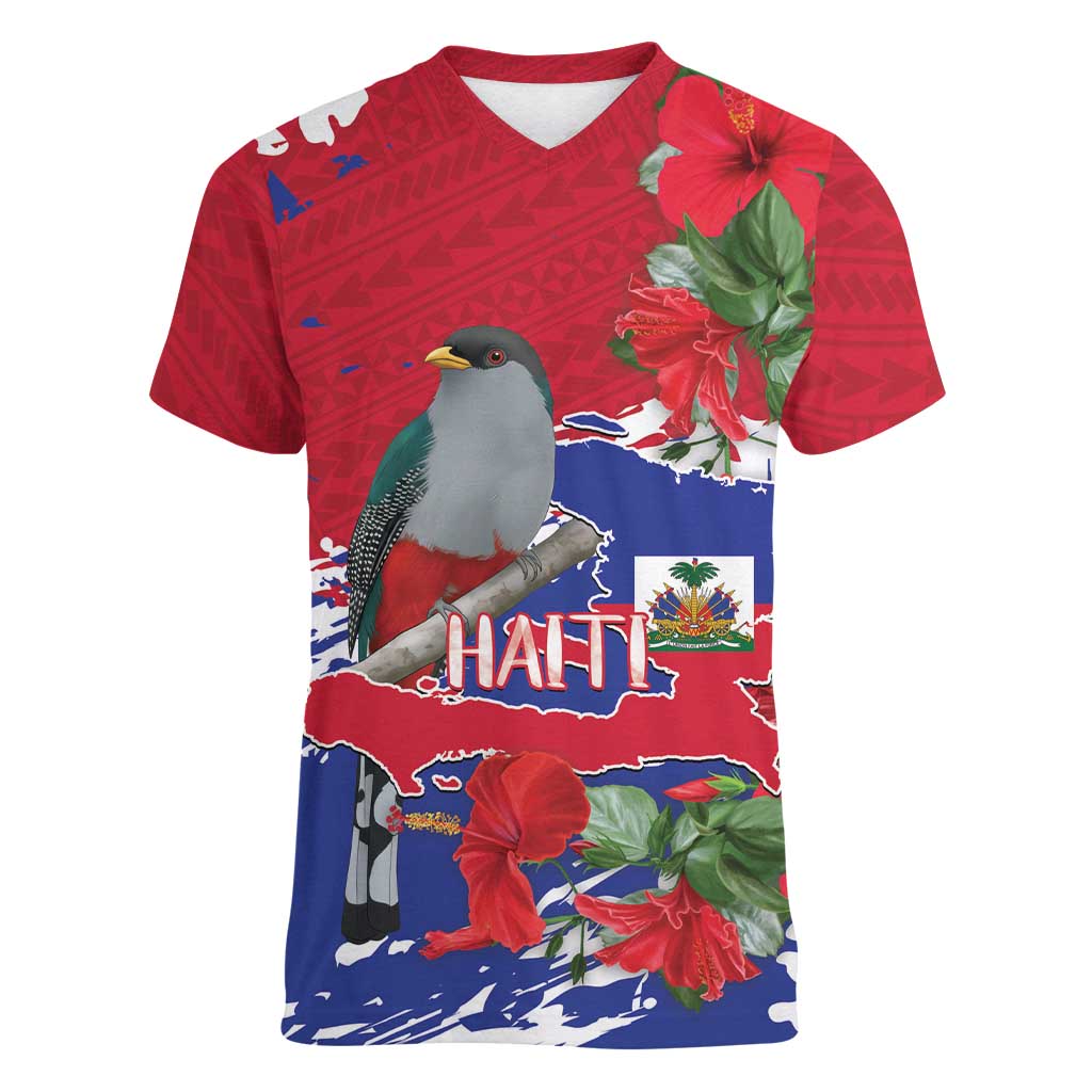 Haiti Independence Day Women V-Neck T-Shirt 1804 Proud Ayiti Map Hispaniolan Trogon - Wonder Print Shop