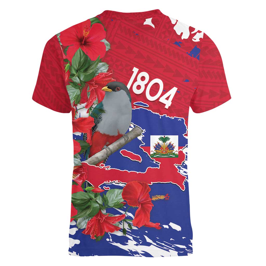 Haiti Independence Day Women V-Neck T-Shirt 1804 Proud Ayiti Map Hispaniolan Trogon - Wonder Print Shop