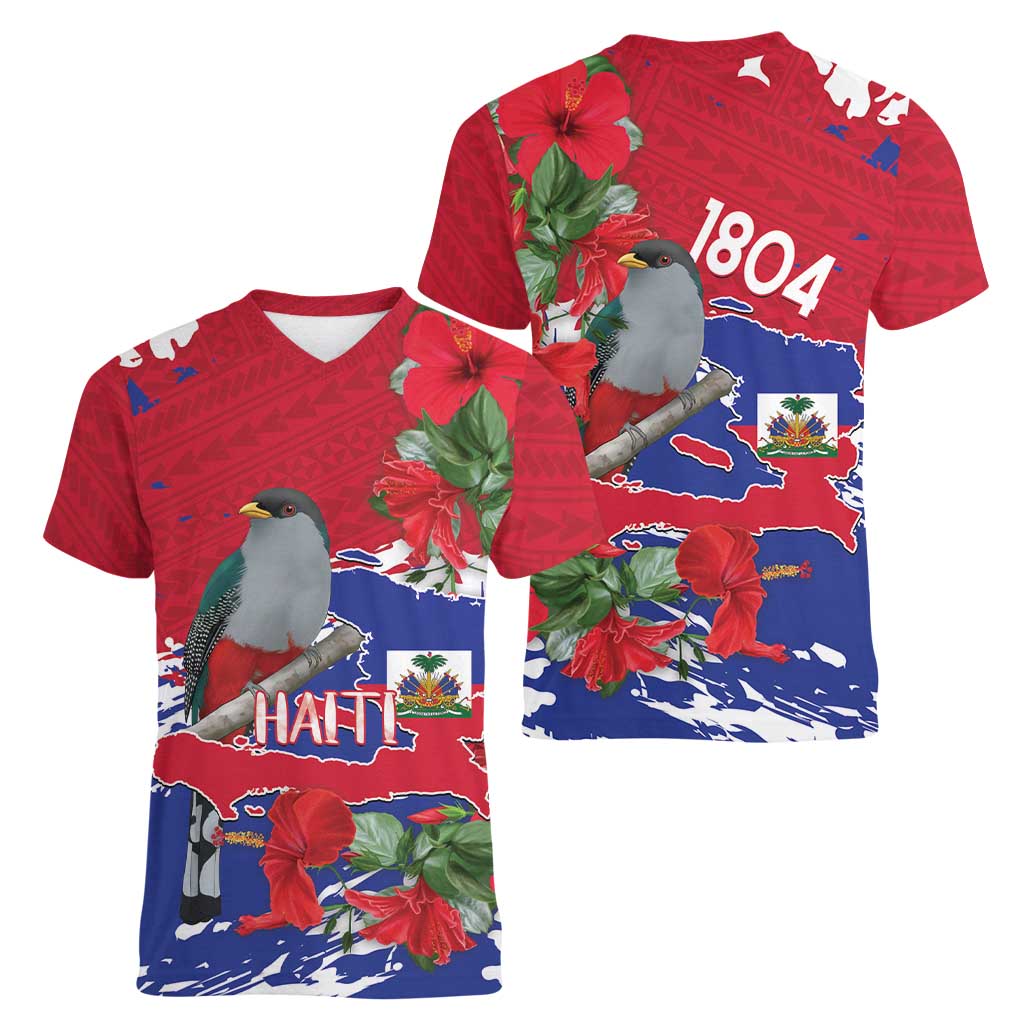 Haiti Independence Day Women V-Neck T-Shirt 1804 Proud Ayiti Map Hispaniolan Trogon - Wonder Print Shop
