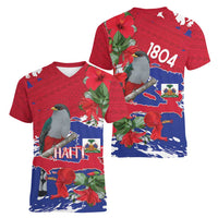 Haiti Independence Day Women V-Neck T-Shirt 1804 Proud Ayiti Map Hispaniolan Trogon - Wonder Print Shop