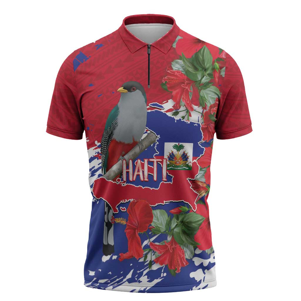Haiti Independence Day Zipper Polo Shirt 1804 Proud Ayiti Map Hispaniolan Trogon - Wonder Print Shop