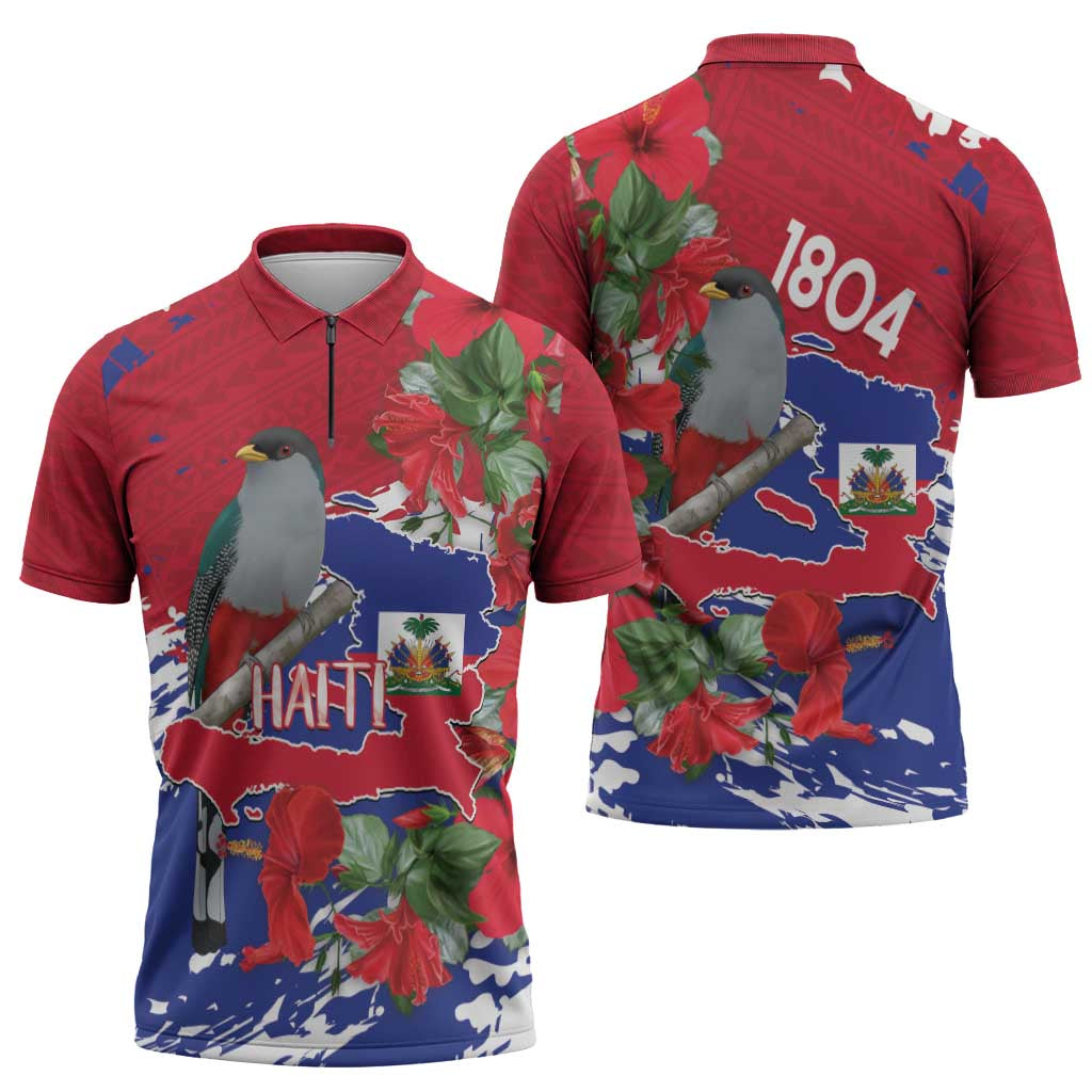 Haiti Independence Day Zipper Polo Shirt 1804 Proud Ayiti Map Hispaniolan Trogon - Wonder Print Shop