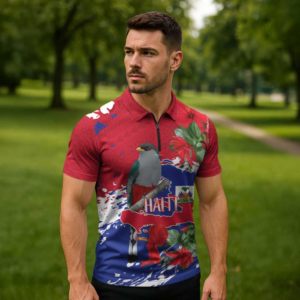 Haiti Independence Day Zipper Polo Shirt 1804 Proud Ayiti Map Hispaniolan Trogon - Wonder Print Shop