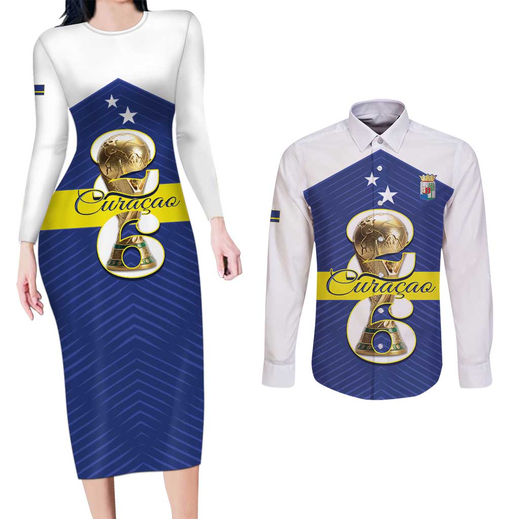 Personalized Curacao Football Couples Matching Long Sleeve Bodycon Dress and Long Sleeve Button Shirt 2026 The Blue Wave is Rising - Wonder Print Shop