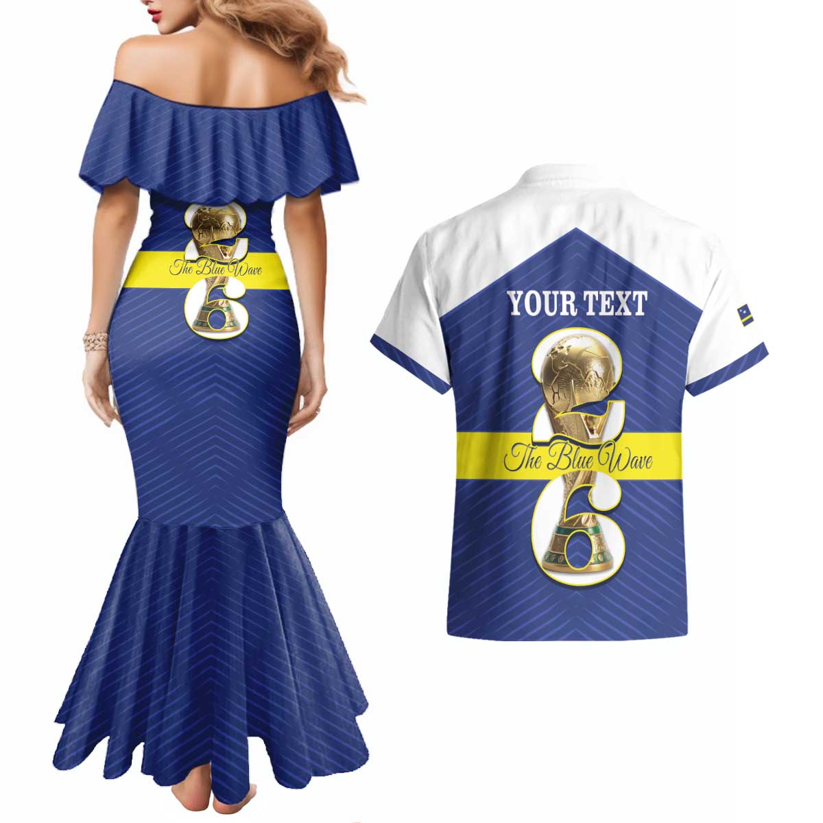 Personalized Curacao Football Couples Matching Mermaid Dress and Hawaiian Shirt 2026 The Blue Wave is Rising - Wonder Print Shop