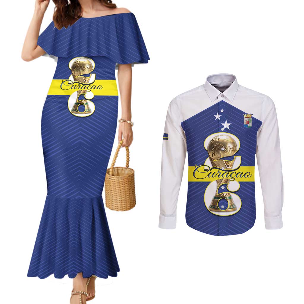 Personalized Curacao Football Couples Matching Mermaid Dress and Long Sleeve Button Shirt 2026 The Blue Wave is Rising - Wonder Print Shop