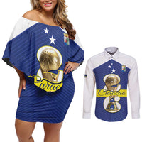 Personalized Curacao Football Couples Matching Off Shoulder Short Dress and Long Sleeve Button Shirt 2026 The Blue Wave is Rising - Wonder Print Shop