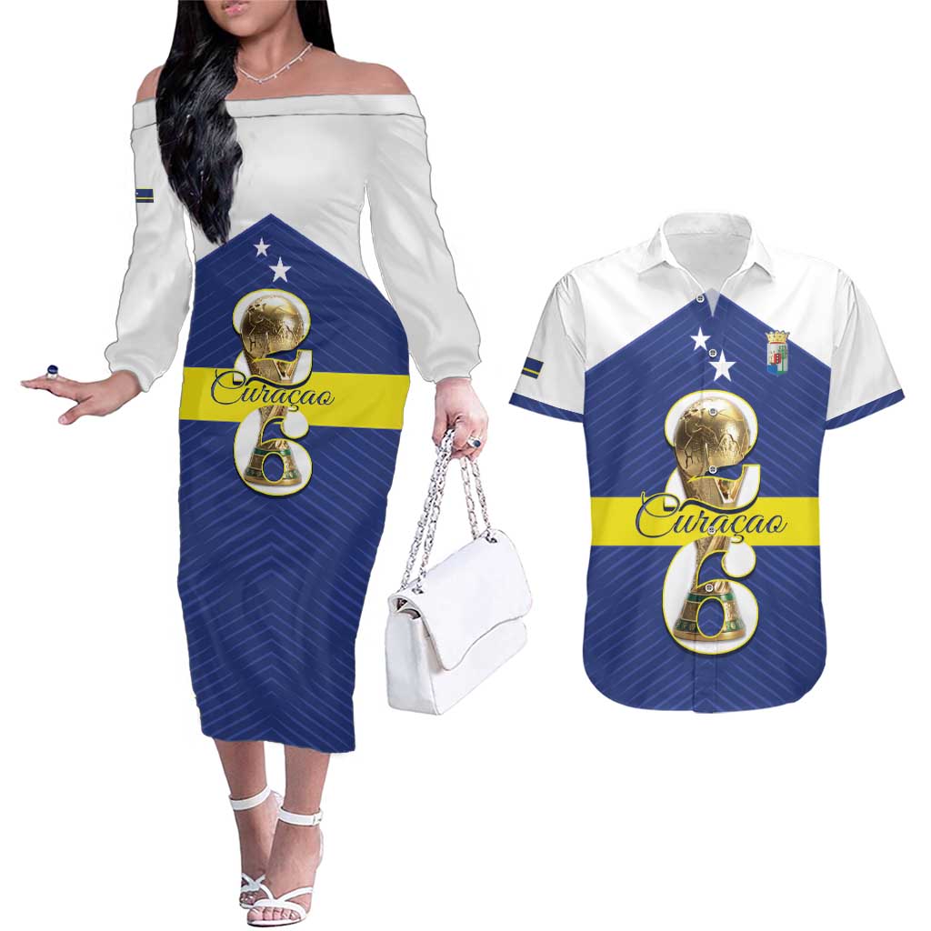 Personalized Curacao Football Couples Matching Off The Shoulder Long Sleeve Dress and Hawaiian Shirt 2026 The Blue Wave is Rising - Wonder Print Shop