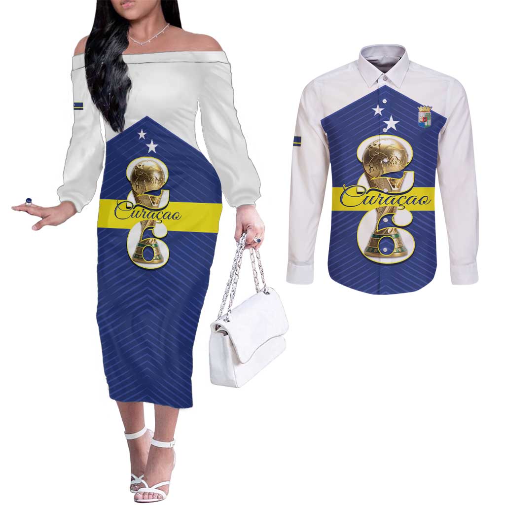 Personalized Curacao Football Couples Matching Off The Shoulder Long Sleeve Dress and Long Sleeve Button Shirt 2026 The Blue Wave is Rising - Wonder Print Shop